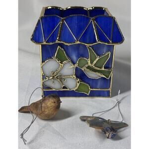 Stained Glass Hummingbird House w/ Flower 4" Tall Candle Votive Holder / 2 Birds
